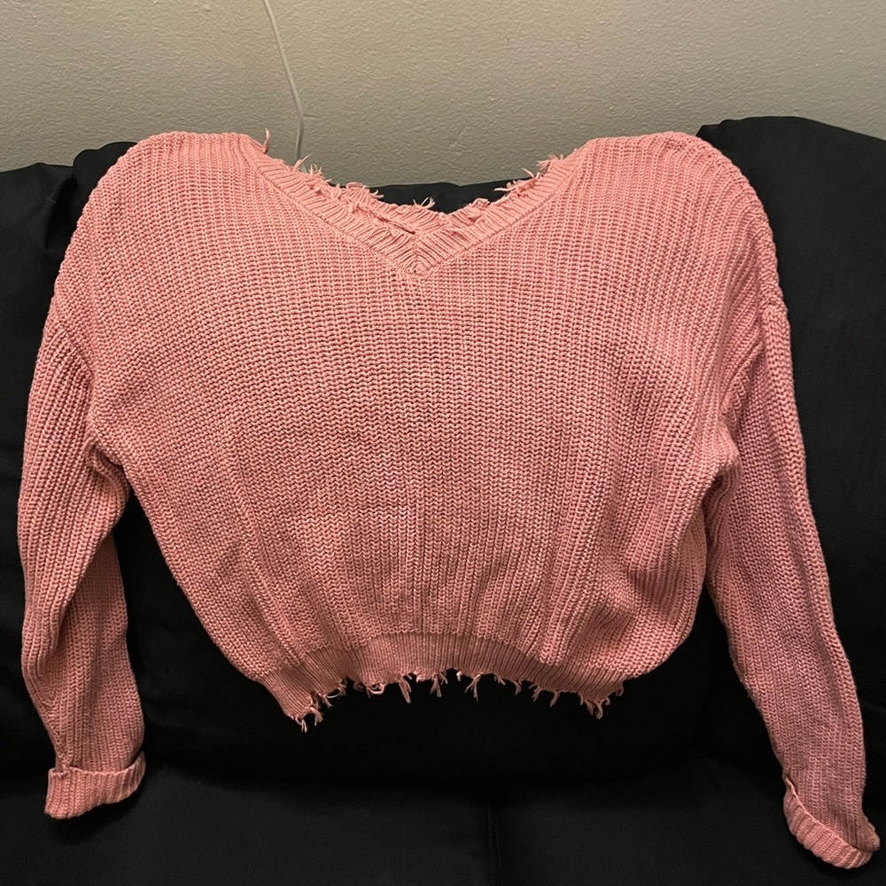 Jessica Simpson Womens Long Sleeve V-Neck Ripped Knit Sweater Crop Top